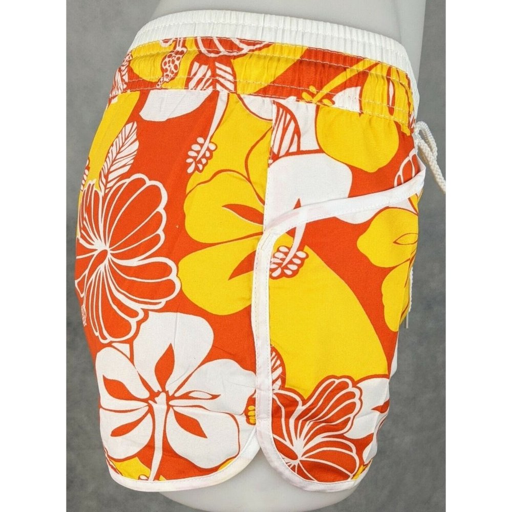 Women's Board Shorts Elastic Waist Yellow Floral Pockets White Trim - Picture 5 of 6